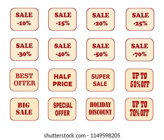 Set of price tags, labels. Vector illustration of design elements of promotion. Promotional offers, seasonal and holiday sale. Suitable for discount cards, advertisement flyer, coupon, sale sticker.