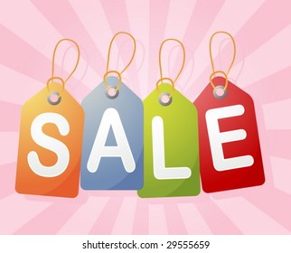 Set of price tags spelling out SALE, radial burst background