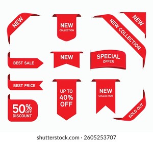 Set of Price tags vector collection. Red ribbons, tags and labels. Vector illustration.