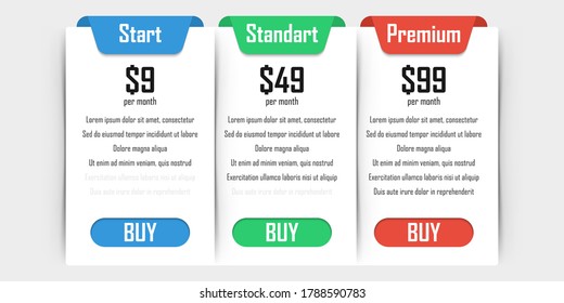 Set of pricing plans. Templates table in flat design. Table tariff banner for websites and applications. Vector illustration.