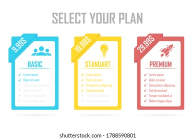 Conjunto de planes de precios. Tabla de plantillas de diseño plano. Pancarta de tarifas de tabla para sitios web y aplicaciones. Ilustración vectorial.