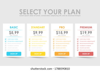 Conjunto de planes de precios. Tabla de plantillas de diseño plano. Pancarta de tarifas de tabla para sitios web y aplicaciones. Ilustración vectorial.