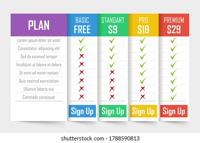 Conjunto de planes de precios. Tabla de plantillas de diseño plano. Pancarta de tarifas de tabla para sitios web y aplicaciones. Ilustración vectorial.