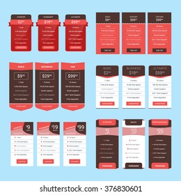 Set of Pricing Table Design Templates for Websites and Applications. Flat Style Vector Illustration