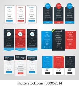 Set of Pricing Table Design Templates for Websites and Applications. Flat Style Vector Illustration