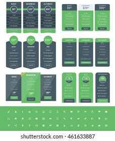 Set of Pricing Table Design Templates for Websites and Applications. Vector Pricing Plans with Icon Set. Green and Black Colors. Flat Style Vector Illustration
