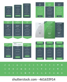 Set of Pricing Table Design Templates for Websites and Applications. Vector Pricing Plans with Icon Set. Green and Black Colors. Flat Style Vector Illustration