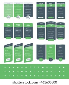 Set of Pricing Table Design Templates for Websites and Applications. Vector Pricing Plans with Icon Set. Green and Black Colors. Flat Style Vector Illustration