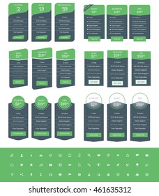 Set of Pricing Table Design Templates for Websites and Applications. Vector Pricing Plans with Icon Set. Green and Black Colors. Flat Style Vector Illustration