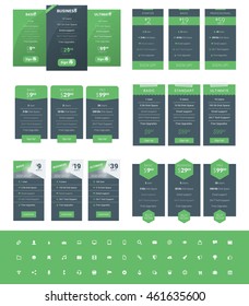 Set of Pricing Table Design Templates for Websites and Applications. Vector Pricing Plans with Icon Set. Green and Black Colors. Flat Style Vector Illustration