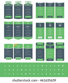 Set of Pricing Table Design Templates for Websites and Applications. Vector Pricing Plans with Icon Set. Green and Black Colors. Flat Style Vector Illustration
