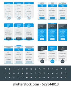 Set of Pricing Table Design Templates for Websites and Applications. Vector Pricing Plans with Icon Set. Blue and Black Colors. Flat Style Vector Illustration