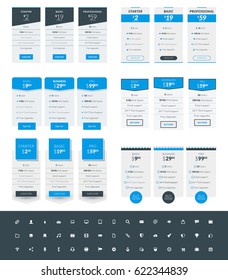 Set of Pricing Table Design Templates for Websites and Applications. Vector Pricing Plans with Icon Set. Blue and Black Colors. Flat Style Vector Illustration