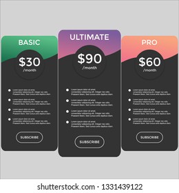set of pricing table, order, box, button, list