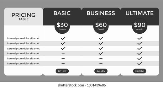 set of pricing table, order, box, button, list