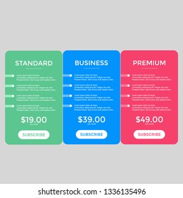 set of pricing table, order, box, button, list