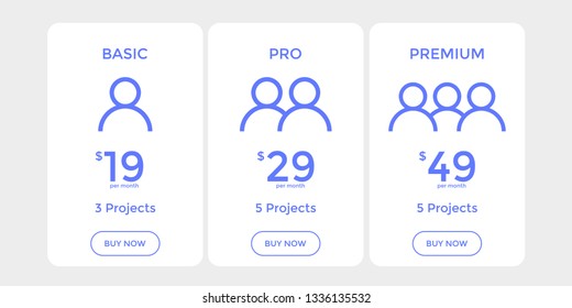 set of pricing table, order, box, button, list in white color