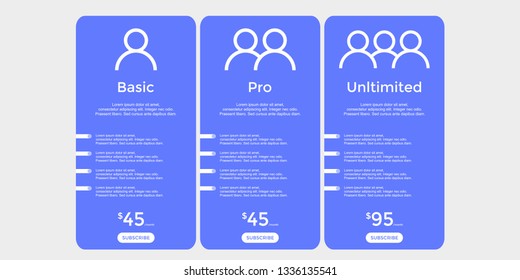 set of pricing table, order, box, button, list blue color