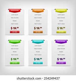 Set of pricing tables with color variation. Gray background boxes with outlines.