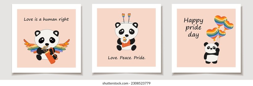  Set of pride day cards with Cute little sitting pandas holds rainbow hearts. Love, Month pride