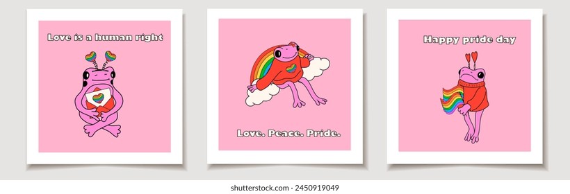 Set of pride day cards with  Cute frog with symbols set in rainbow colors. Love, Month pride