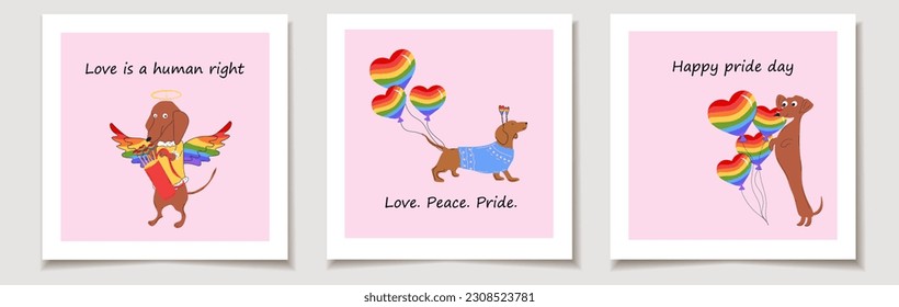  Set of pride day cards with Dachshunds dogs pulls a rainbow hearts, valentines on a sleigh and decorate rainbow balloons in the shape of a heart. Love, Month pride