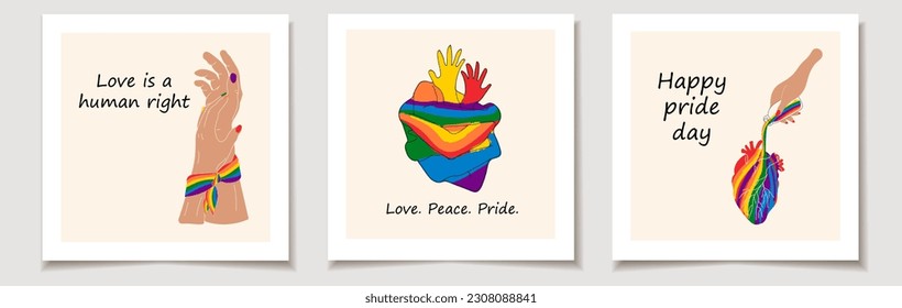 Set of pride day cards with Set of three Hands showing lgbt heart. Love, Month pride