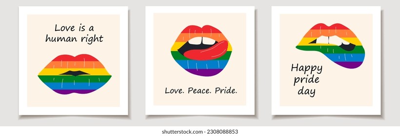 Set of pride day cards with Set of three Rainbow lips. Kiss illustration. Love, Month pride