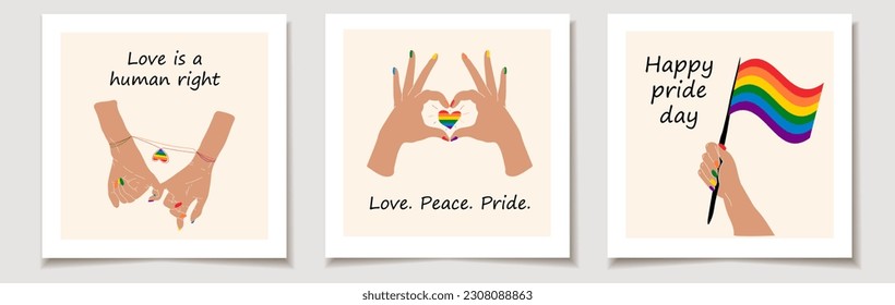 Set of pride day cards with Set of three Hands showing lgbt heart. Love, Month pride