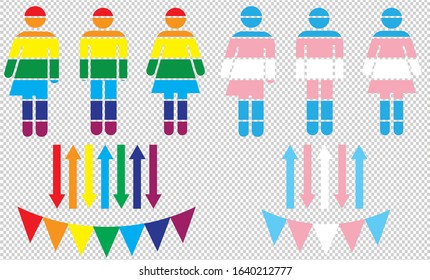 A set of pride flag coloured graphics representing LGBT people