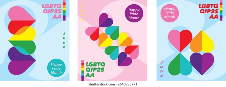 Set of pride of June with word LGBTQQIP2SAA for greeting cards, posters and holiday covers. Design in heart shape icon with pride color modern minimalist style.