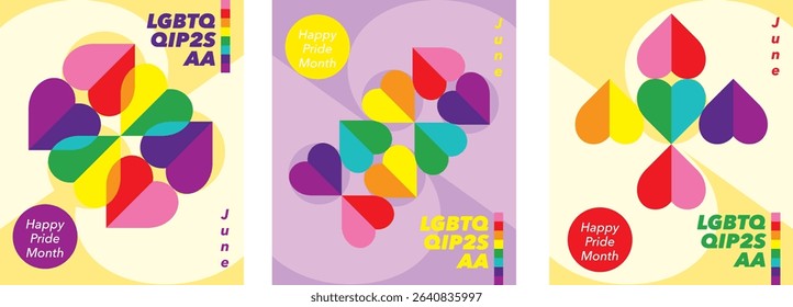 Set of pride of June with word LGBTQQIP2SAA for greeting cards, posters and holiday covers. Design in heart shape icon with pride color modern minimalist style.