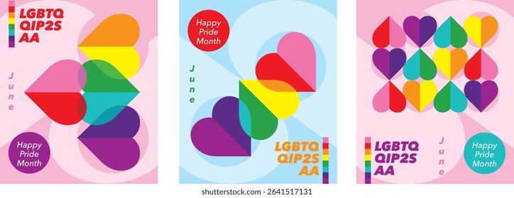 Set of pride of June with word LGBTQQIP2SAA for greeting cards, posters and holiday covers. Design in heart shape icon with pride color modern minimalist style.
