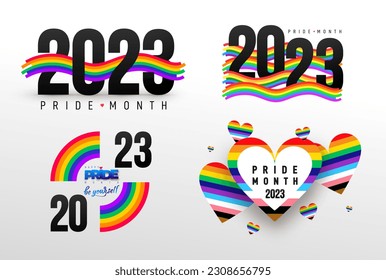 Set of Pride mit LGBT Flag Wave 2023. Pride Month Vektor. Stolzes Rainbow Flag Wave Design Element. Vorlage Vektordesign für Banner, Poster, Karte. Anerkennung von LGBT, Gleichheit und Vielfalt