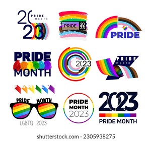 Set of Pride LGBTQ+ icon. LGBT related symbols in rainbow colored Pride Flag, Peace, Rainbow, Heart, Love, Sunglasses, Freedom Symbols. Gay Pride Month. Flat design signs. Vector illustration.