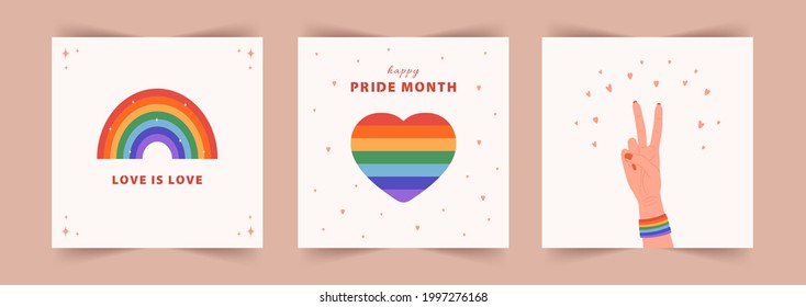 Conjunto de antecedentes del Mes del Orgullo. Desfile gay. Bandera arco iris LGBT. La mano femenina en gesto de paz. Ilustración vectorial al estilo de las caricaturas planas. Publicación en medios sociales, tarjeta o cartel.