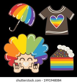 Set of Pride month celebration sticker doodles, cake, umbrella, shirt, boy with pride color, red, orange, yellow, green, blue and violet 