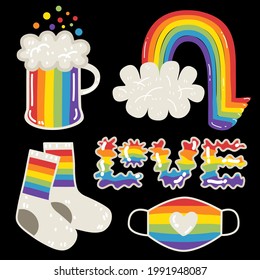 Set of Pride month celebration sticker doodles, beer, drinks, rainbow, mask, socks, calligraphy with pride color, red, orange, yellow, green, blue and violet 