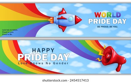 Set of Pride Month panoramic banners with colorful LGBTQ+ rainbow flag, 3d red megaphone and cartoon spaceship. Headers with 3d loudspeaker, rocket and rainbow in soft blue sky with clouds