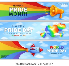 Set von Pride Month Panorama-Bannern mit 3D-Cartoon-Rakete, realistischem Megaphon, farbenfrohen Herzen und leuchtendem Regenbogen im blauen Himmel. Vorlage von trendigen Header, Plakatwand mit LGBTQ+ Regenbogenflagge