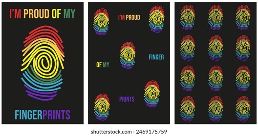 Set Pride Month posters design. Creative June Pride Month concept. Rainbow Fingerprints seamless pattern. Playful vector. Editable stroke.