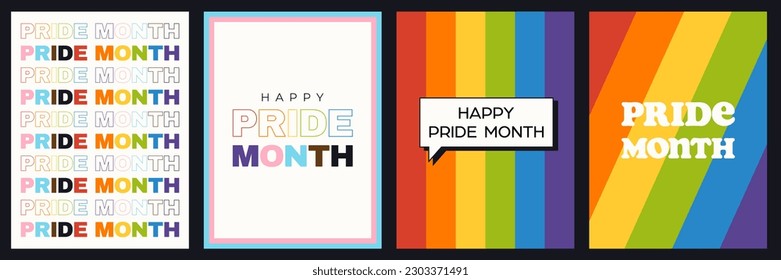 Set of pride month posters template with rainbow colored text and background.