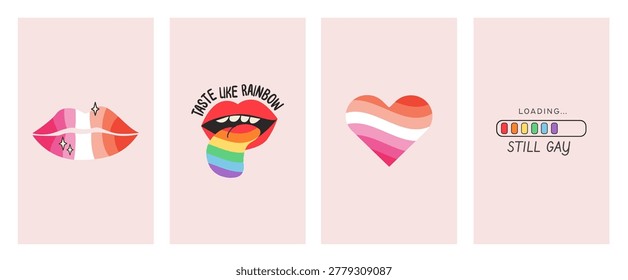 Set of pride month vertical banners with retro aesthetic lesbian flag lips, heart and rainbow tongue. LGBTQ social media story templates with groovy 70s style icons for inclusive community celebration