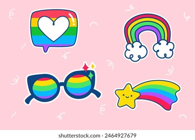 Conjunto de iconos de pegatinas de Orgullo con arco iris, una burbuja de discurso del corazón, gafas de sol y una estrella fugaz sobre un fondo rosa. Perfecto para temas LGBTQ+.