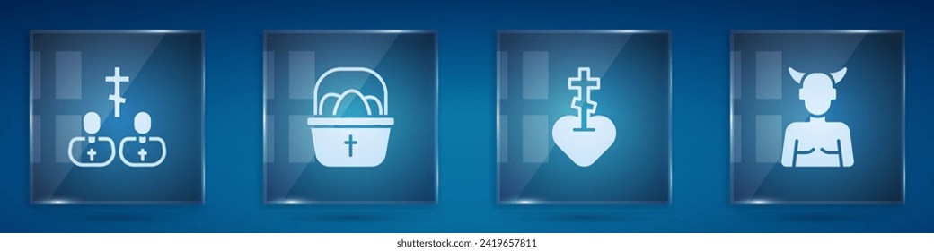 Set Priest, Basket with easter eggs, Religious cross in heart and Krampus, heck. Square glass panels. Vector