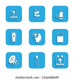 Set Priest, Burning candle, Calendar with Easter, cake, Christian bread, Coffin, candlestick and Grave tombstone icon. Vector