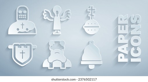 Set Priest, Christian cross, Flag with christian, Church bell, Angel and Knight crusader icon. Vector