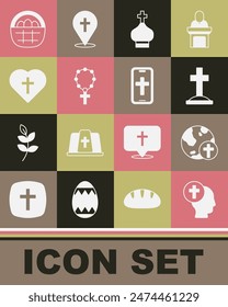 Set Priest, Christian cross with globe, Grave, church tower, Rosary beads religion, in heart, Basket easter eggs and phone icon. Vector