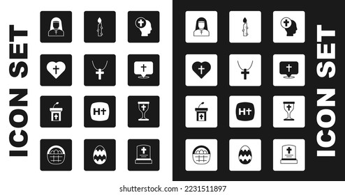 Set Priest, Christian cross on chain, heart, Nun, Location church building, Burning candle, chalice and Church sermon tribune icon. Vector