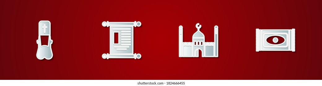 Set Priest, Decree, paper, parchment, scroll, Muslim Mosque and Traditional carpet icon. Vector.